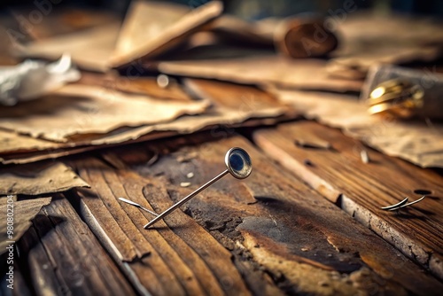 A solitary metal pin lies abandoned on a worn wooden table, surrounded by scattered papers and dusty artifacts, photo