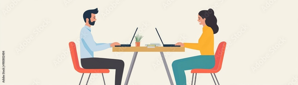 Illustration of Two People Working on Laptops at a Shared Desk in a Modern Office Setting Illustration of Two People Working on Laptops at a Shared Desk in a Modern Office Setting