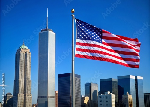 A somber patriotic scene featuring a majestic American flag waving in the wind against a clear blue sky