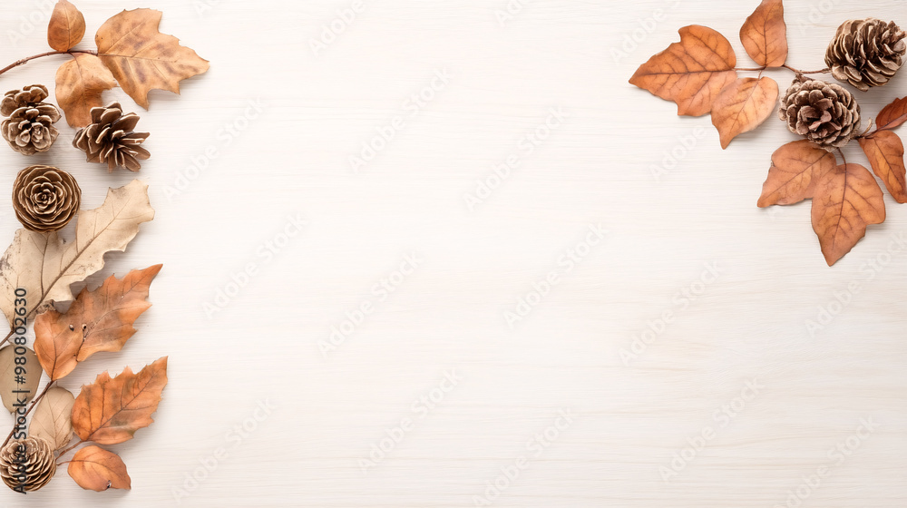A white background with a row of leaves and pine cones. The pine cones are scattered around the leaves, creating a natural and rustic feel A white background with a row of leaves and pine cones. The pine cones are scattered around the leaves, creating a natural and rustic feel