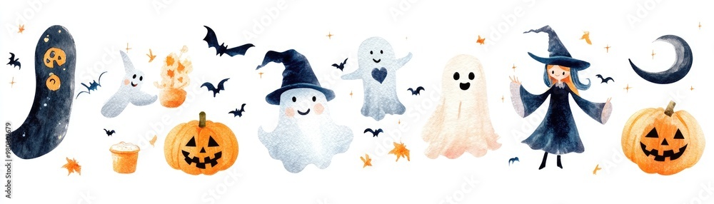 Fototapeta premium Watercolor Halloween Characters and Elements with Ghosts, Pumpkins, Witch, and Bats on White Background