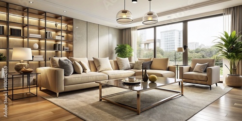 A spacious living room with a neutral beige couch  glass coffee table  and minimalist decor  showcasing a harmonious