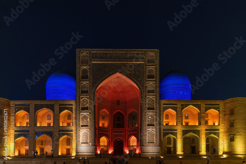 Evenening shot of Madrasah Mir Arab is a part of the Poi Kalon islamic religious complex in Bukhara, Uzbekistan photo