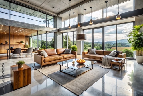 A spacious modern living room with sleek lines, polished concrete floors, and floor-to-ceiling windows flooded with