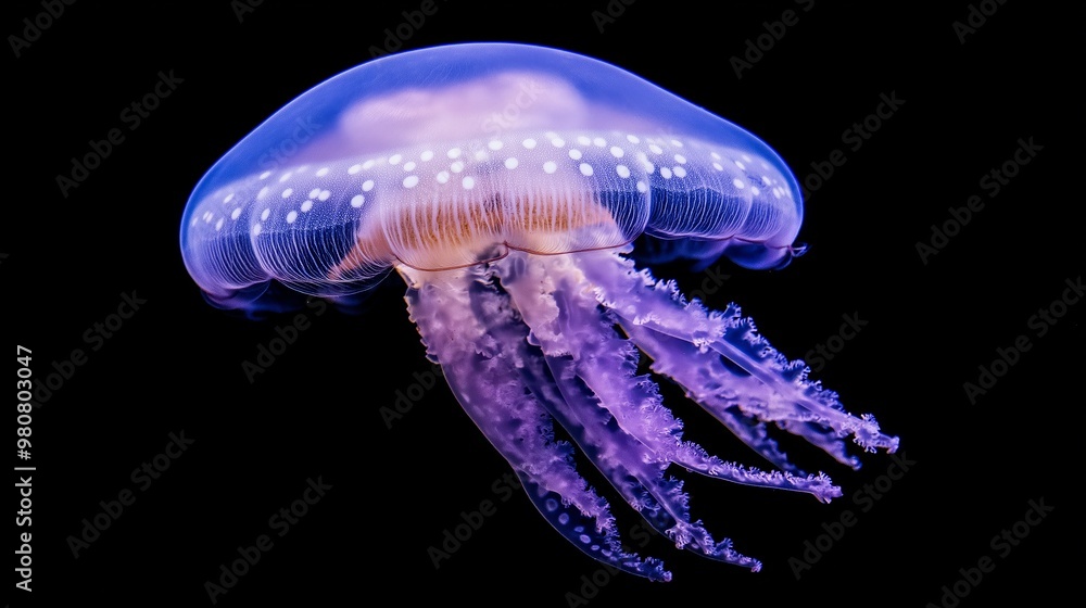 Macro Photograph of Light Purple Jellyfish in Dark Blue Water with Soft Backlighting and Crisp Focus Macro Photograph of Light Purple Jellyfish in Dark Blue Water with Soft Backlighting and Crisp Focus