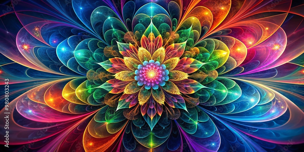 Vibrant multicolored abstract fractal flower blooms in a mesmerizing dance of swirling shapes, intricate patterns, and shimmering hues, perfect for creative design and art. Vibrant multicolored abstract fractal flower blooms in a mesmerizing dance of swirling shapes, intricate patterns, and shimmering hues, perfect for creative design and art.