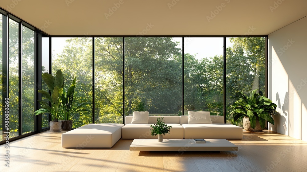 Fototapeta premium A minimalist modern living room with large floor-to-ceiling windows