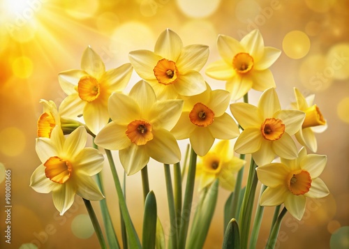 Vibrant yellow jonquil flowers with delicate petals and golden centers bloom against a soft, creamy background, creating a warm and inviting natural setting.