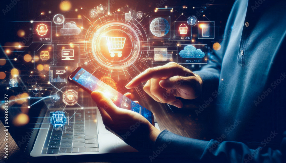 person using a smartphone or laptop to shop online, with a digital shopping cart icon person using a smartphone or laptop to shop online, with a digital shopping cart icon