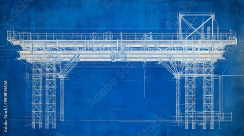 Blueprint of a deep foundation for a bridge, showing drilled piles and support structures, hyper-real and sharp, high-quality graphic style