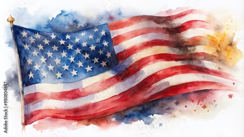 Vibrant watercolor painting of the American flag, with soft brushstrokes and blended colors, waving gently in the wind against a white background. photo