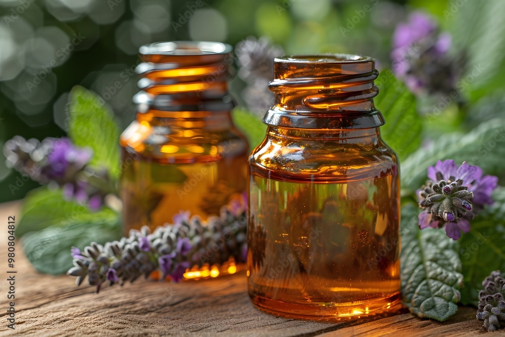 Natural Aromatherapy: Essential Lavender Oil Bottles with Fresh Lavender Flowers Natural Aromatherapy: Essential Lavender Oil Bottles with Fresh Lavender Flowers