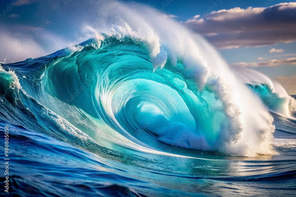 Vibrant blue waves dynamically crash on a pristine white background, evoking the ocean's energy and movement in a mesmerizing, modern minimalist art piece. Vibrant blue waves dynamically crash on a pristine white background, evoking the ocean's energy and movement in a mesmerizing, modern minimalist art piece.