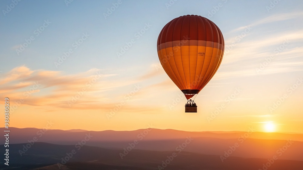 Golden Hour Ascent: A lone hot air balloon graces the sky, bathed in the warm glow of a breathtaking sunset over a majestic mountain landscape. Golden Hour Ascent: A lone hot air balloon graces the sky, bathed in the warm glow of a breathtaking sunset over a majestic mountain landscape.