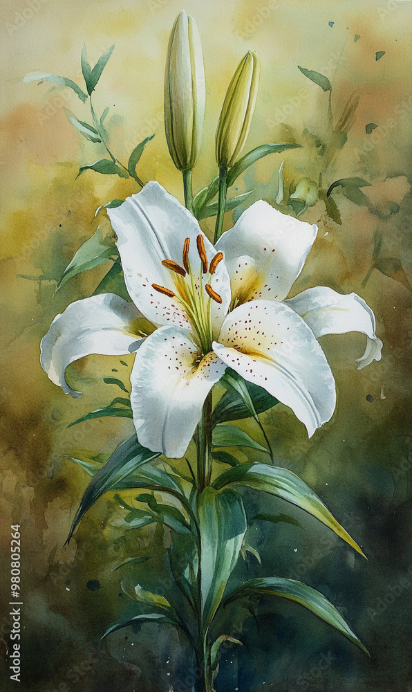 Φωτογραφία Beautiful madonna lily close up with watercolor painting for wallpaper
