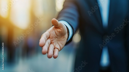 Man in a suit extending his hand for a handshake, blurred office setting during the day, 