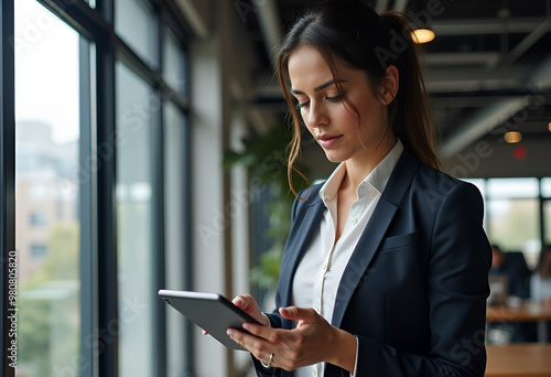 European businesswoman CEO holding digital tablet using fintech tab application standing at workplace in office.