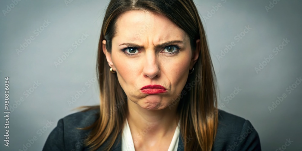 A stern-looking woman with a pinched face and pursed lips sits upright, eyes cast downward, exuding an air A stern-looking woman with a pinched face and pursed lips sits upright, eyes cast downward, exuding an air