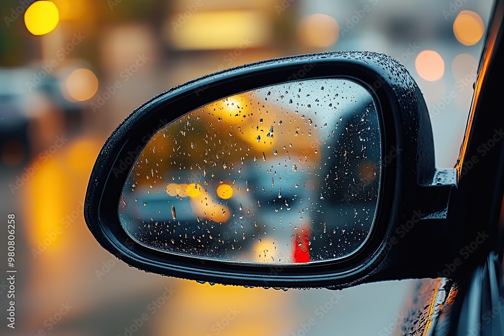 Side view mirror with rain drops. Perfect for illustrating themes of driving, weather, or blurry vision. Side view mirror with rain drops. Perfect for illustrating themes of driving, weather, or blurry vision.