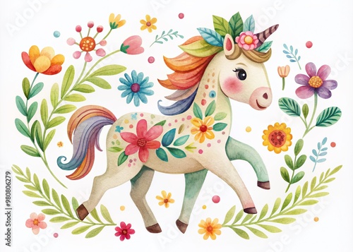 Vibrant, whimsical illustration of a playful baby horse, adorned with colorful flowers and leaves, set against a soft, white background with subtle textures.