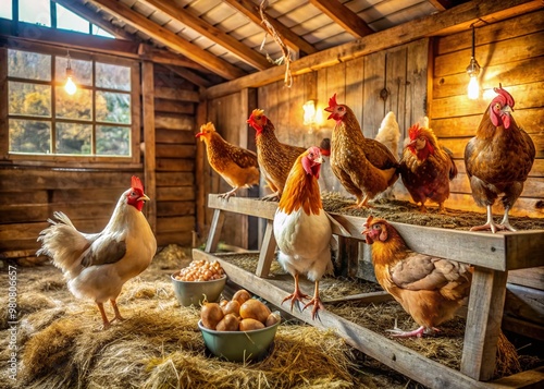 Soft warm light illuminates a cozy chicken coop interior with happy hens perched on rustic wooden bars, surrounded by hay and feathers in a tranquil atmosphere. photo