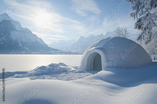 beautiful ice igloo with snowy background and snow covered trees generated by AI