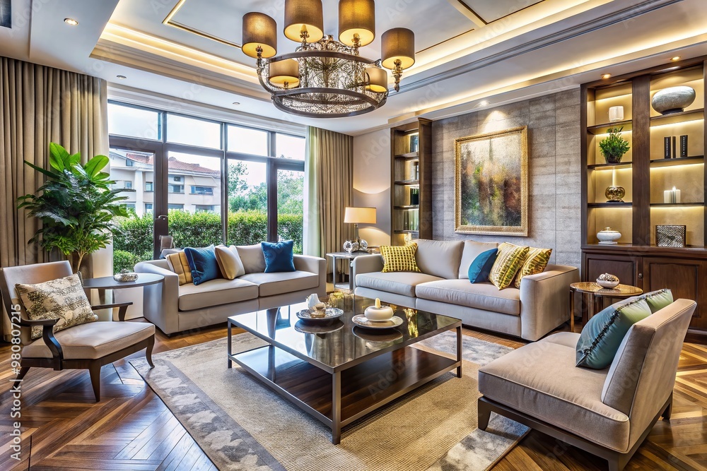 A stylishly furnished modern living room highlights the distinction between an interior designer's spatial planning and A stylishly furnished modern living room highlights the distinction between an interior designer's spatial planning and