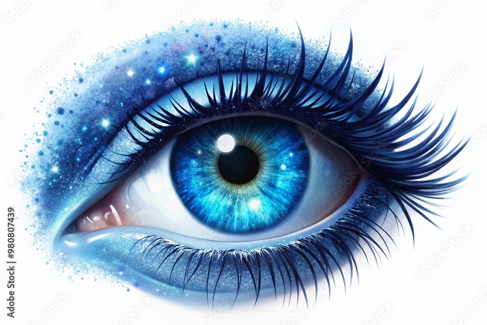 A stylized, isolated blue eye symbol with a shimmering iris and eyelashes, conveying awareness, intuition, and wisdom A stylized, isolated blue eye symbol with a shimmering iris and eyelashes, conveying awareness, intuition, and wisdom