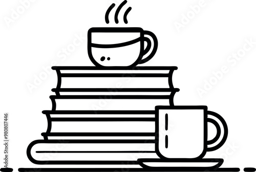 Stack of Books with Coffee Cups Illustrating Relaxation and Comfort in Minimalist Line Art Style