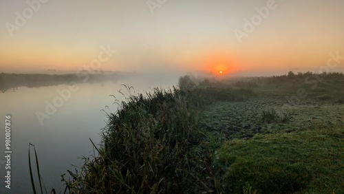 Beautiful sunrise landscape scenery at Clare river, County Galway, Ireland, nature sun background, misty dawn