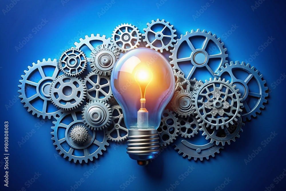 A stylized brain surrounded by a lightbulb and gears, set against a bold blue background, conveys innovation, A stylized brain surrounded by a lightbulb and gears, set against a bold blue background, conveys innovation,