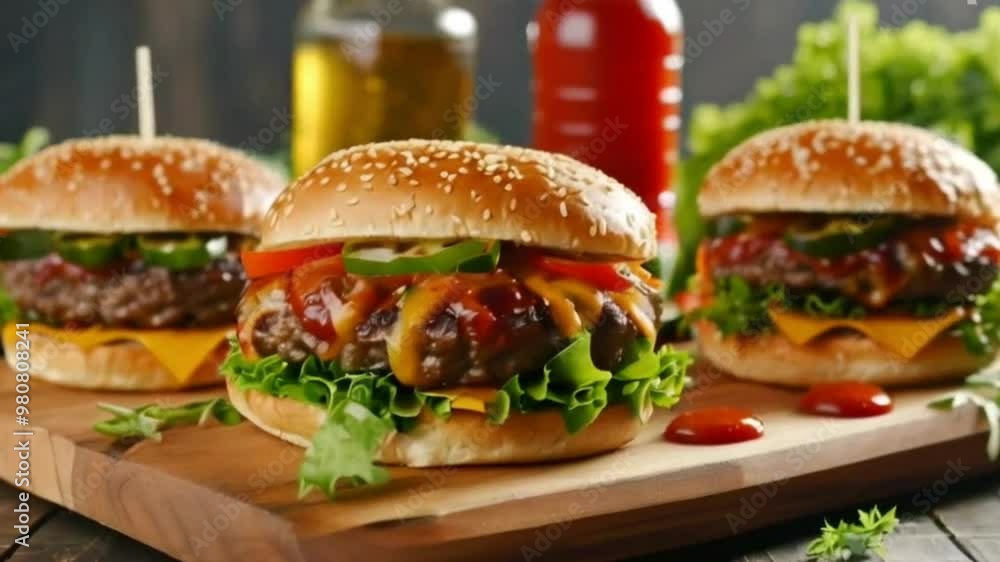 Vegetarian burgers on a wooden board with different vegetables ketchup and cheese. High quality HD 4K video clips hamburger, burger, food, cheese, sandwich, cheeseburger, beef, meat, bread, fast, isol Vegetarian burgers on a wooden board with different vegetables ketchup and cheese. High quality HD 4K video clips hamburger, burger, food, cheese, sandwich, cheeseburger, beef, meat, bread, fast, isol