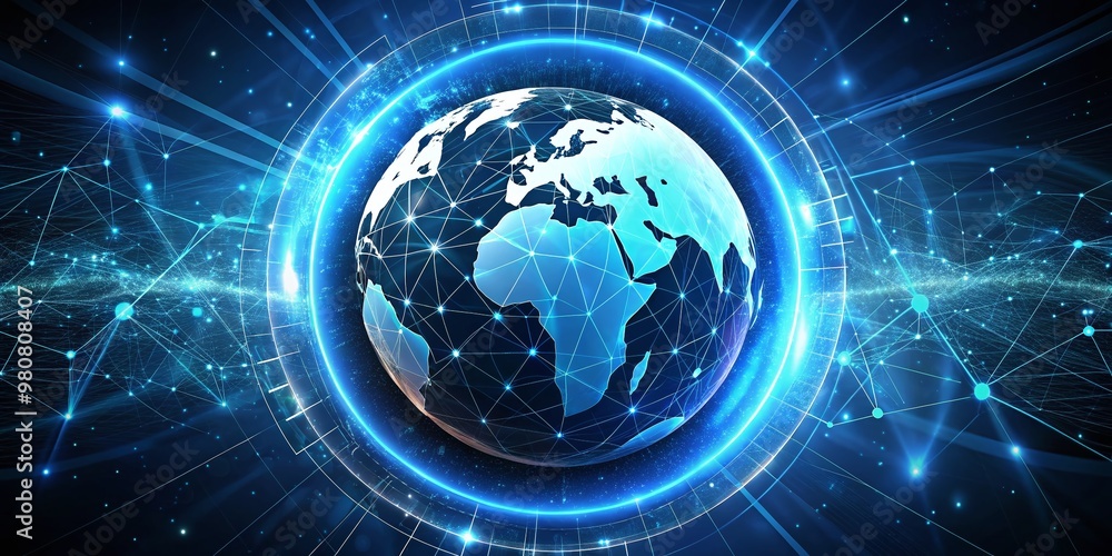 A stylized globe icon with glowing blue lines and dots, surrounded by a circular border, represents global connectivity A stylized globe icon with glowing blue lines and dots, surrounded by a circular border, represents global connectivity