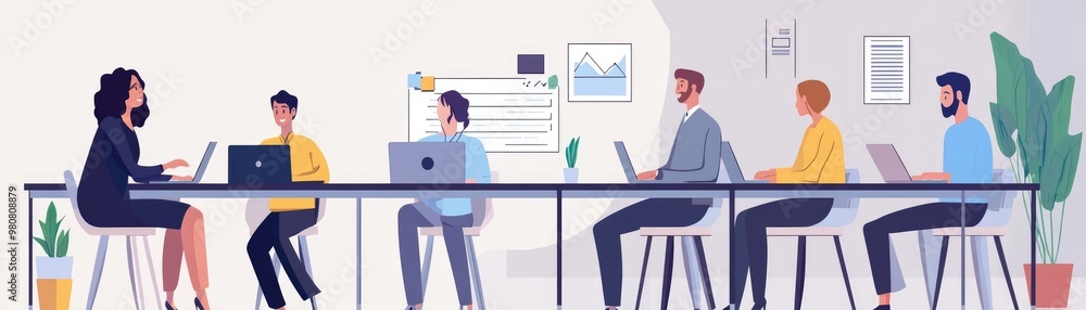 Modern Office Workspace with Diverse Team Collaborating on Laptops and Discussing Projects in a Bright, Open Environment Modern Office Workspace with Diverse Team Collaborating on Laptops and Discussing Projects in a Bright, Open Environment