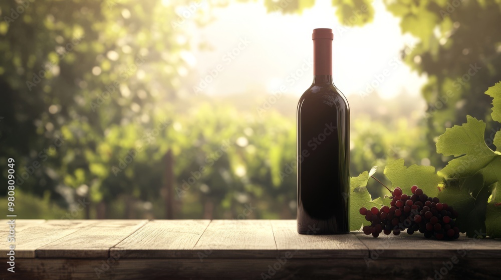 Fototapeta premium Wine Bottle in Vineyard - Scenic Vineyard Landscape with Grape Bunch