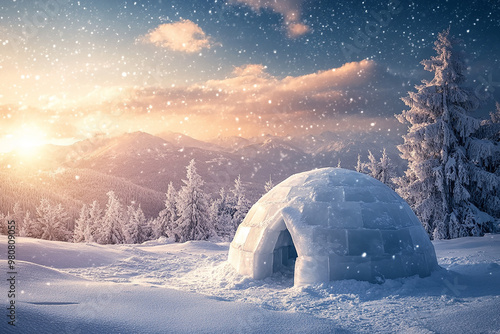 beautiful ice igloo with snowy background and snow covered trees generated by AI