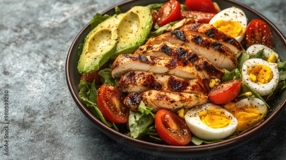 A colorful protein-packed salad with grilled chicken, eggs, and avocado, with room for text on the bottom. A colorful protein-packed salad with grilled chicken, eggs, and avocado, with room for text on the bottom.