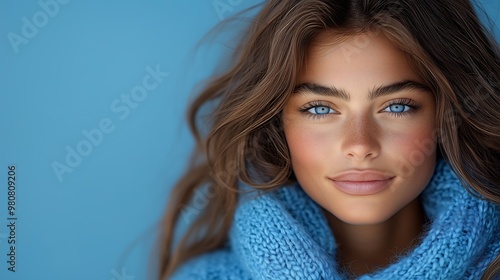 Portrait of smiling woman with blue eyes and sweater