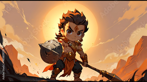 A cute cartoon version of Duryodhana, the antagonist from Mahabharata, holding a mace and standing with an arrogant smirk on an isolated orange background.