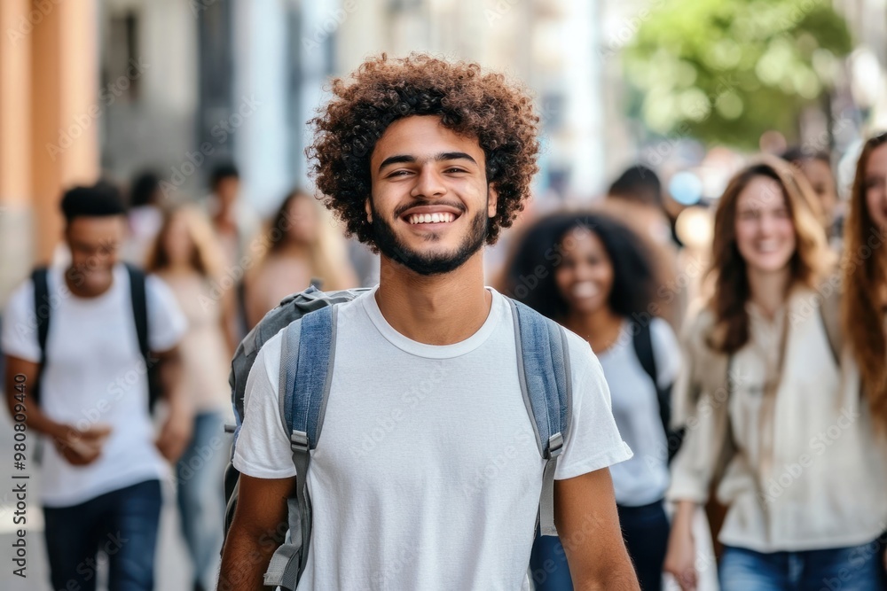 Students walking down the street happy man backpack. Students walking down the street happy man backpack.