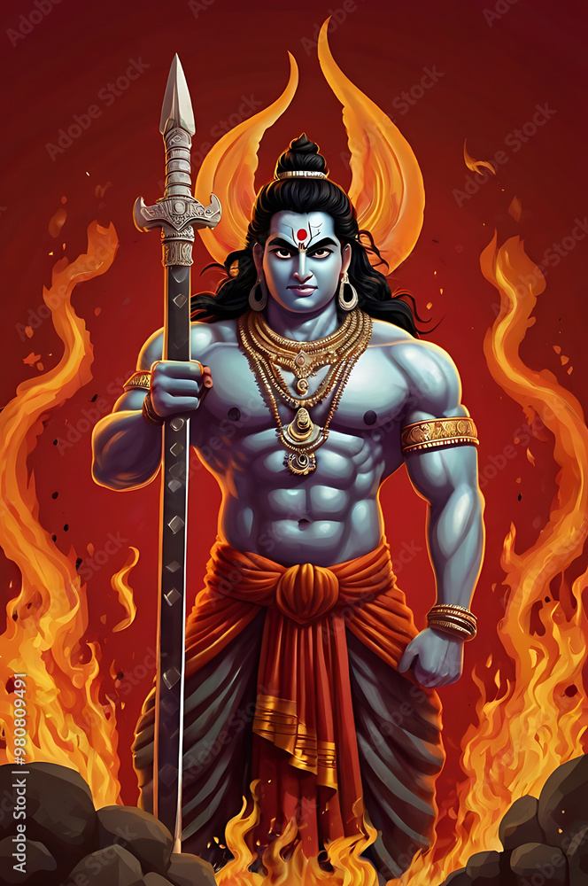 Fototapeta premium A cute cartoon version of Lord Veerabhadra, an angry form of Lord Shiva, wielding a large sword, surrounded by flames, standing on an isolated fiery red background.