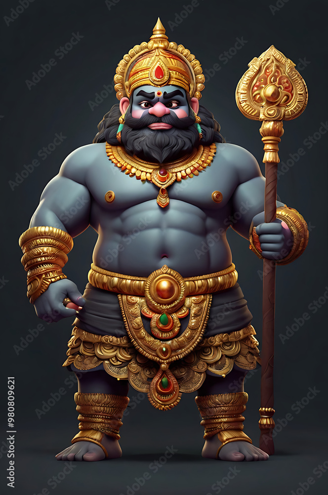 A cute cartoon version of Kumbhakarna, the giant brother of Ravana, standing sleepily with a club in his hand on an isolated dark grey background. A cute cartoon version of Kumbhakarna, the giant brother of Ravana, standing sleepily with a club in his hand on an isolated dark grey background.