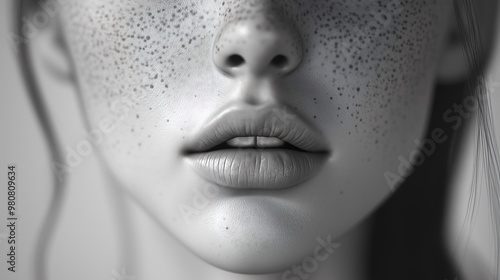 Closeup of freckled woman’s face in grayscale with soft focus