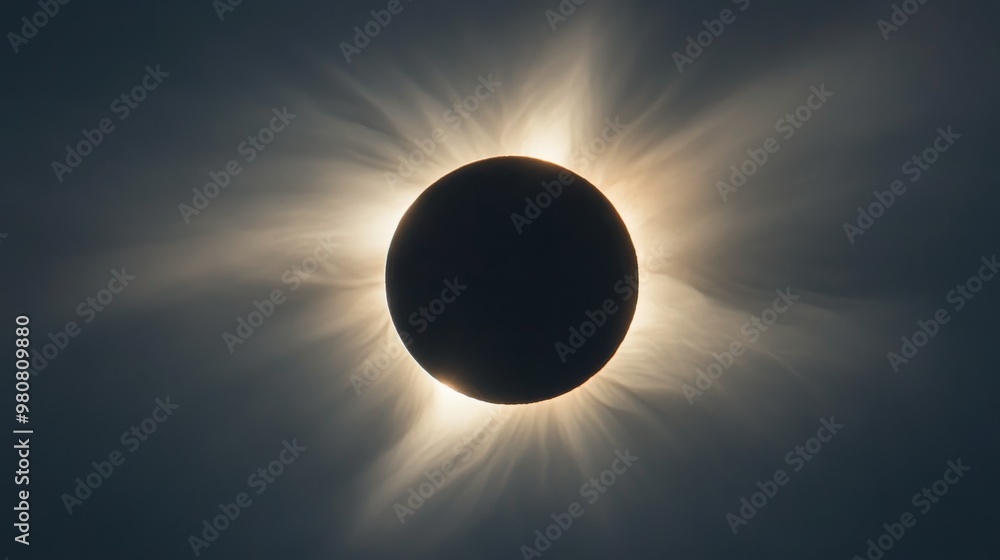 Obraz premium Total solar eclipse viewed from a remote location, creating a striking halo effect around the moon