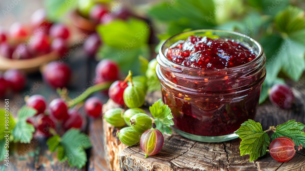 Gooseberry jam in a glass jar with fresh berries and green leaves, presented on a rustic wooden surface in natural light Gooseberry jam in a glass jar with fresh berries and green leaves, presented on a rustic wooden surface in natural light