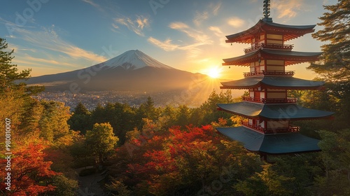 Wallpaper Mural Chureito Pagoda, a five-story pagoda in Yamanashi Prefecture, Japan, Asia, overlooks Fujiyoshida City and Mount Fuji volcano in the morning light. Torontodigital.ca