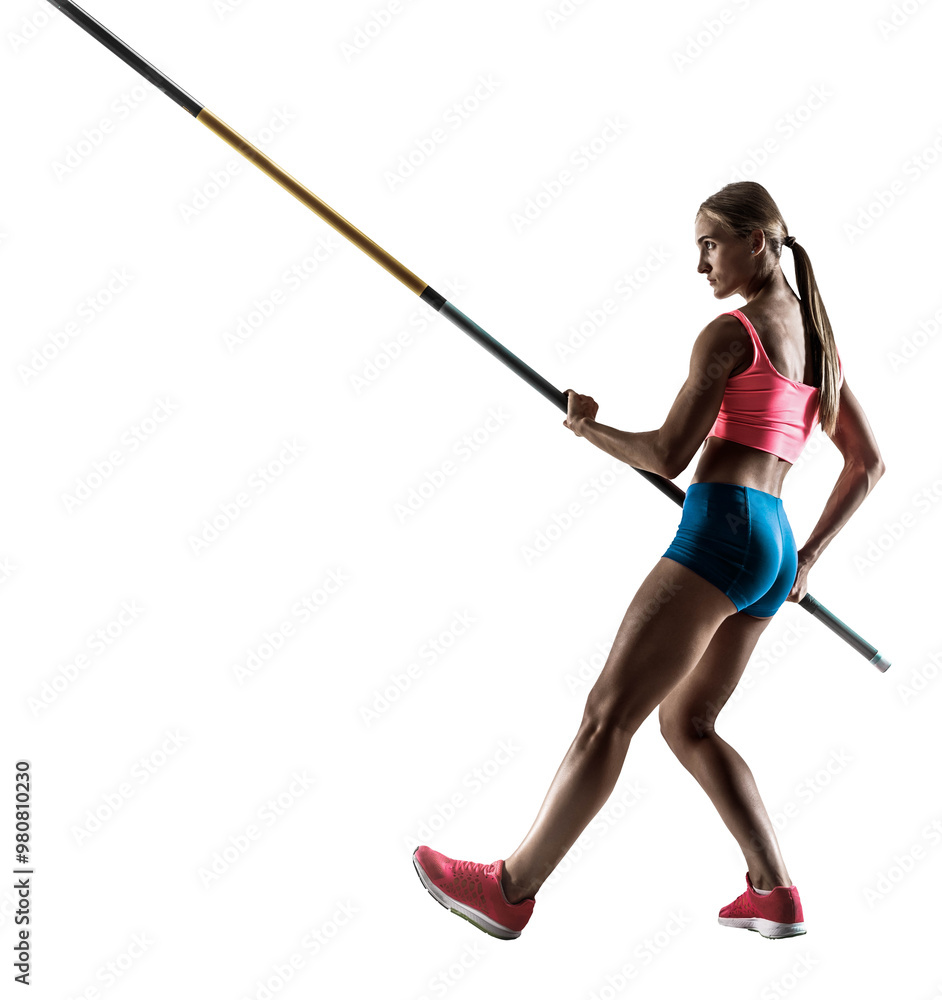 Sportive, athletic young woman, pole vaulting athlete in motion, preparing to perform high jump isolated on transparent background. Concept of professional sport, durance, active lifestyle Sportive, athletic young woman, pole vaulting athlete in motion, preparing to perform high jump isolated on transparent background. Concept of professional sport, durance, active lifestyle