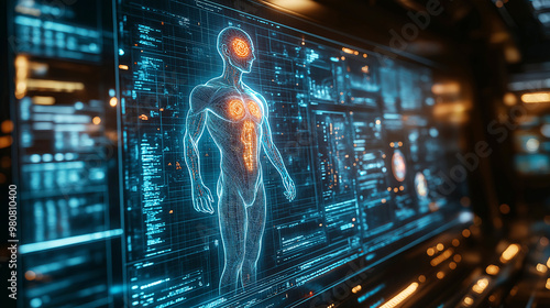 Futuristic Glowing Blue Human Body Outline Against a Dark Background with Digital Interfaces