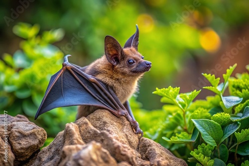 A tiny brown bat, wings folded, perches on a rocky outcropping, its large eyes gazing upward, surrounded by photo