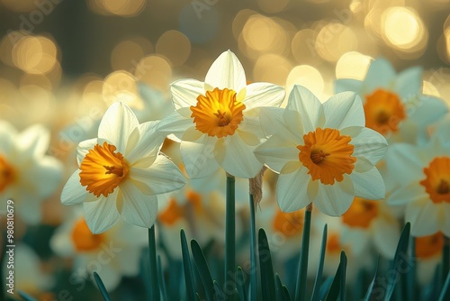 daffodil field bathed in warm spring sunlight closeup of white and yellow flowers with soft bokeh effect represents renewal and the arrival of spring #980810679